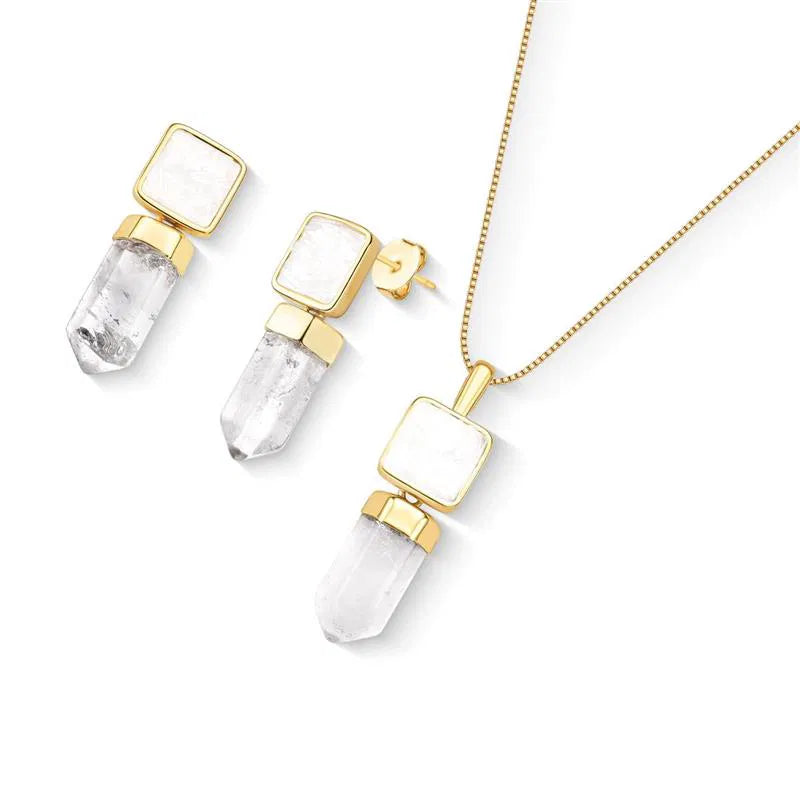 White Selenite Earring and Necklace Set with Crystal Point Gold Plated