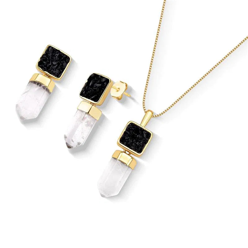 Pyrite Earring and Necklace Set with Crystal Point Gold Plated