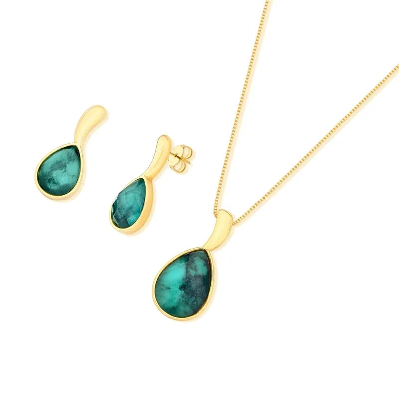 Faceted Emerald Stone Earring and Necklace Kit 24k Gold Plated