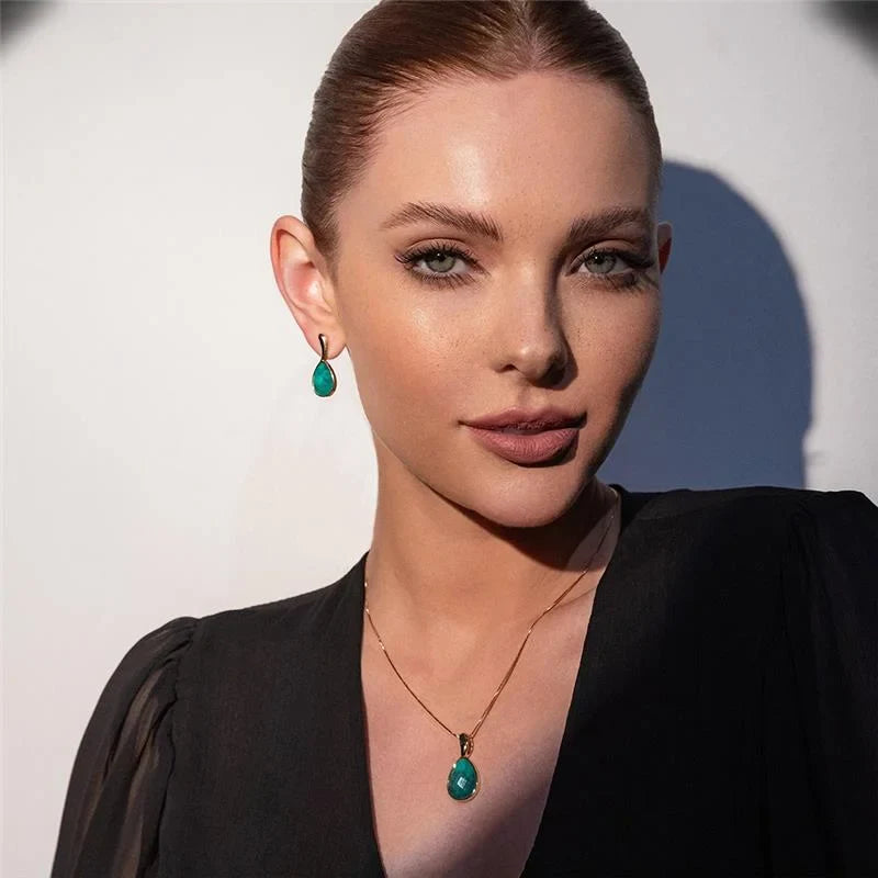 Faceted Emerald Stone Earring and Necklace Kit 24k Gold Plated