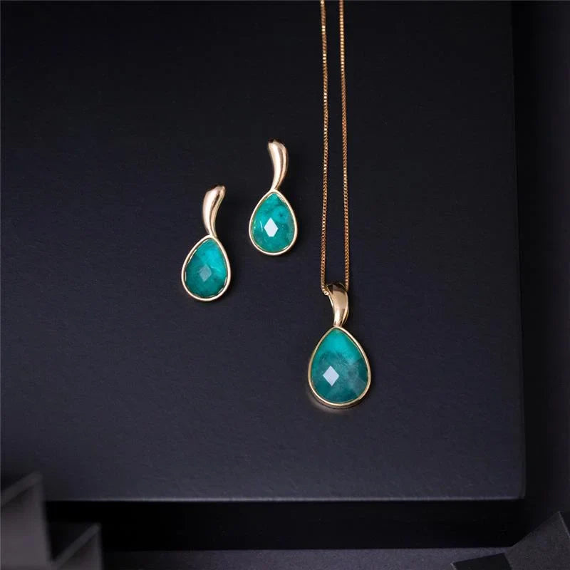 Faceted Emerald Stone Earring and Necklace Kit 24k Gold Plated