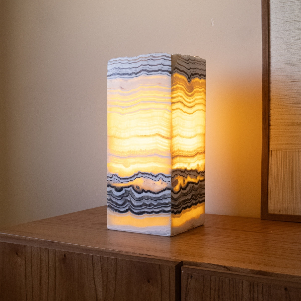 Polished Rectangular Multicolor Zebra Onyx Lamp