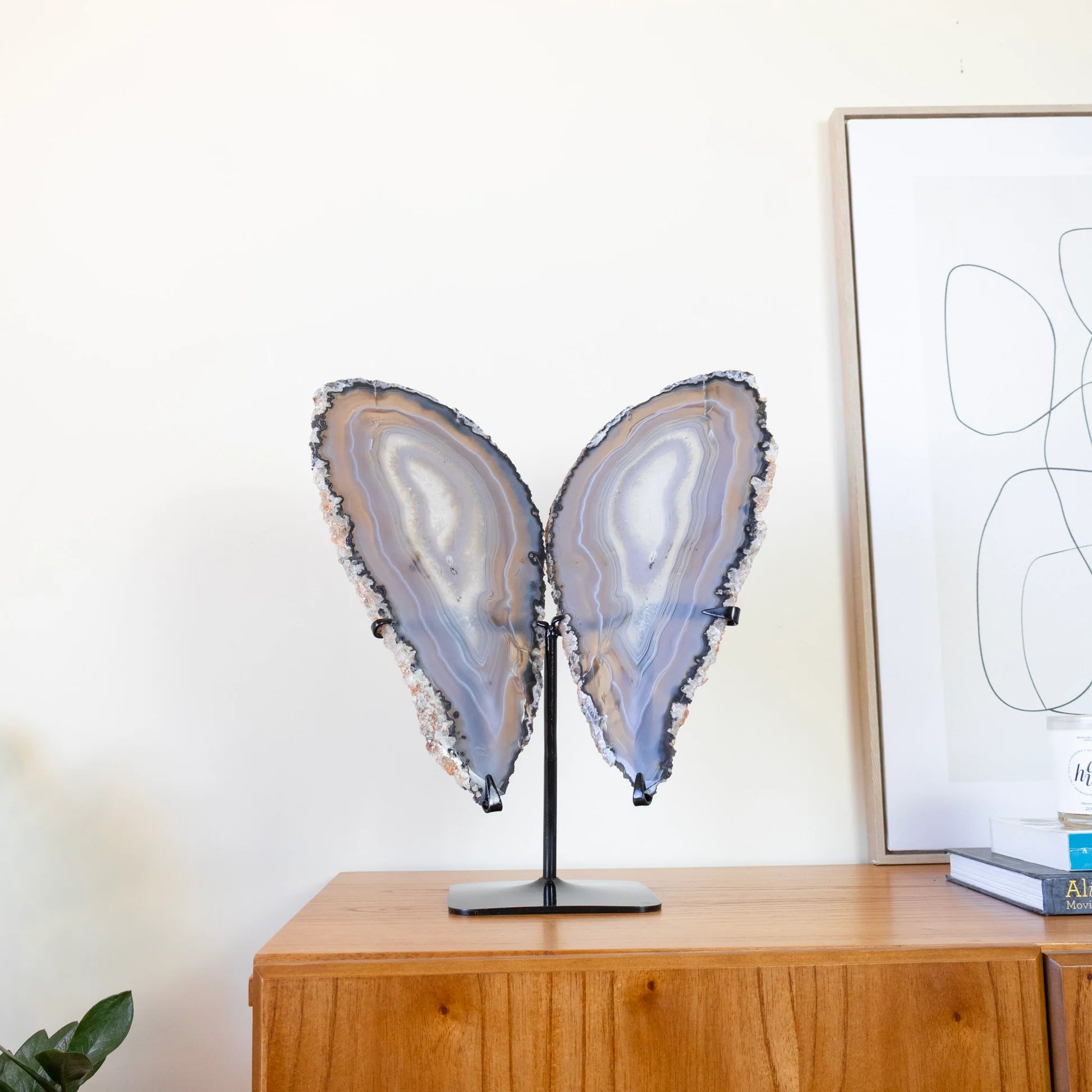 Polished Natural Gray Tones Agate Slice Butterfly on Metal Base 2.450 kg
