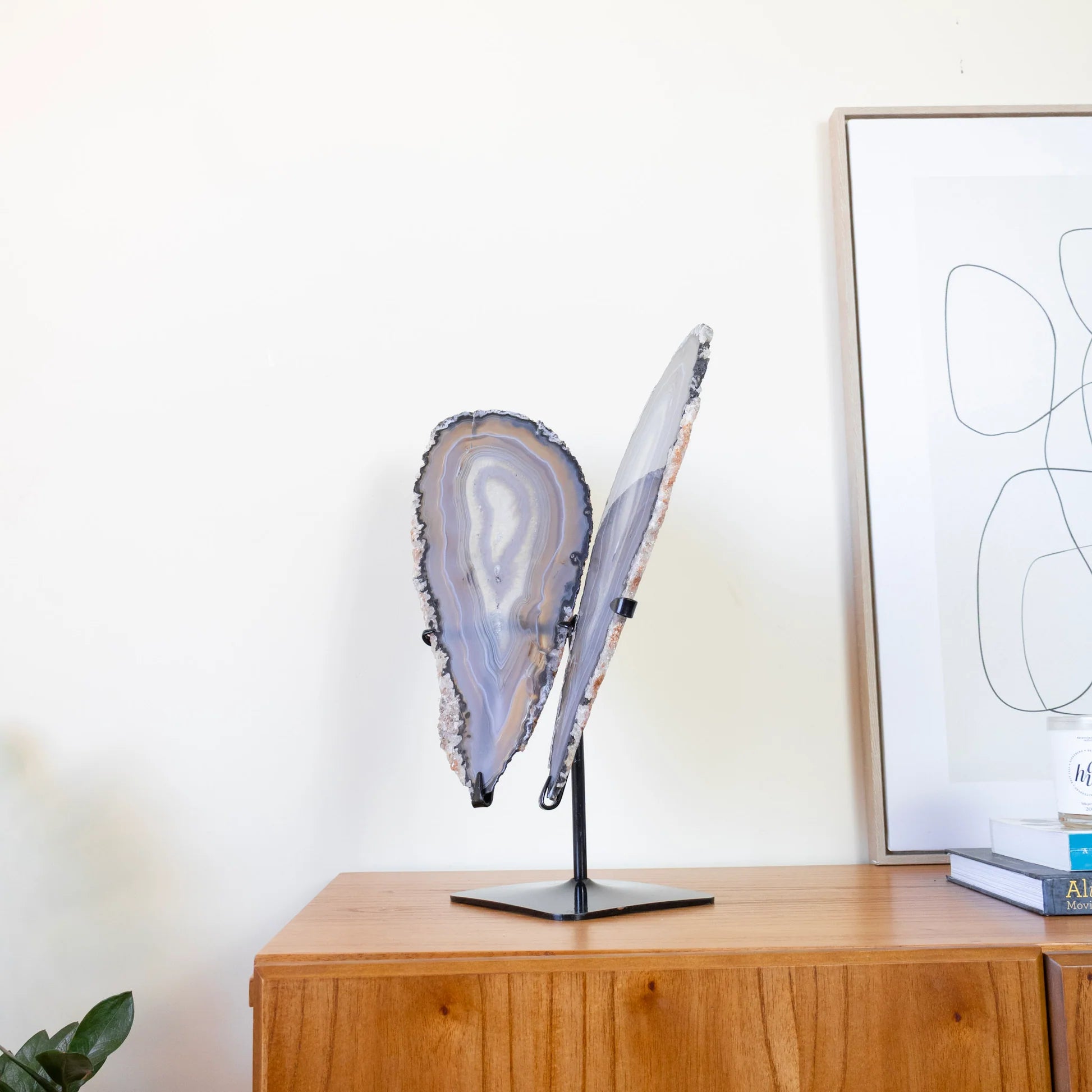 Polished Natural Gray Tones Agate Slice Butterfly on Metal Base 2.450 kg