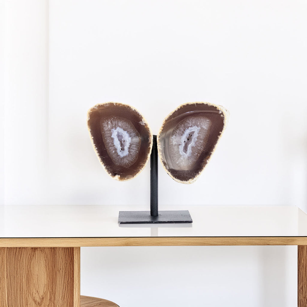 Mini Natural Crystallized Caramel Agate Butterfly on Metal Base 387 grams