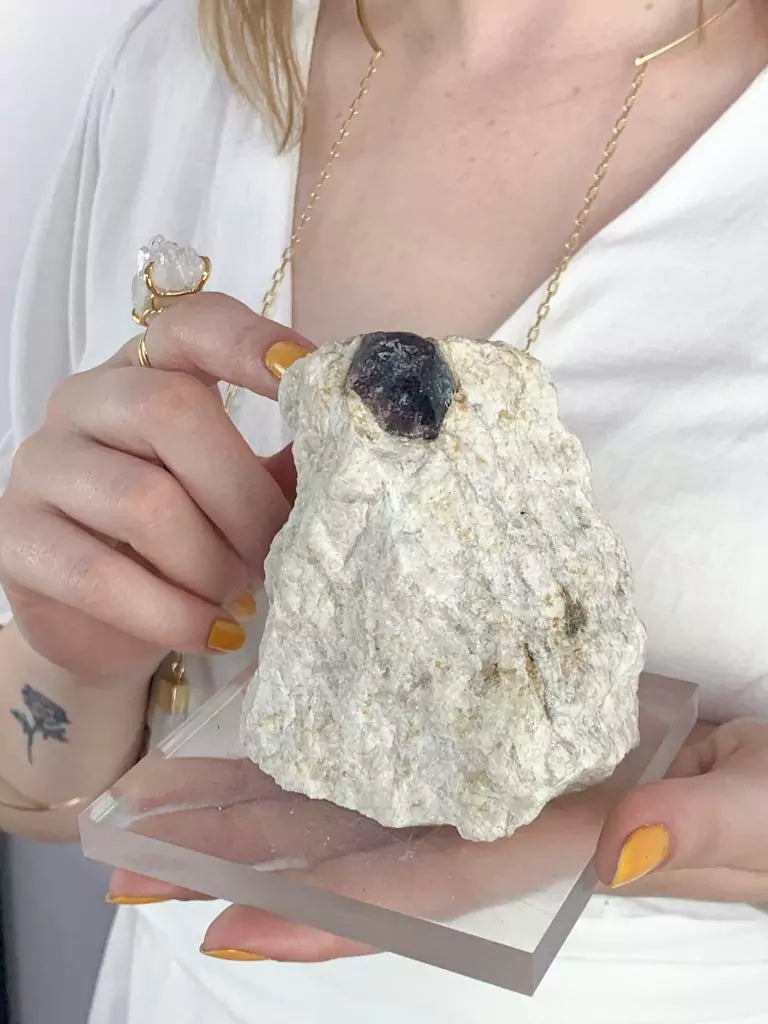 Raw Grossular Garnet Stone in Matrix on Acrylic Base 905 grams