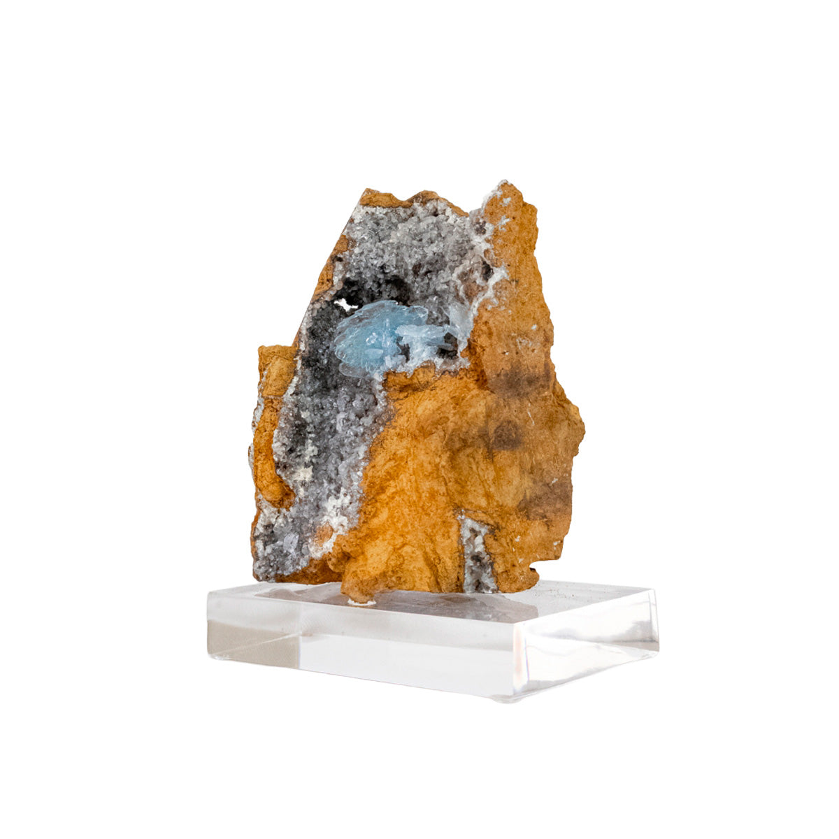 Celestine Druzy with Transparent Calcite Inclusion on Acrylic Base (Collection) Rare 1.9 kg