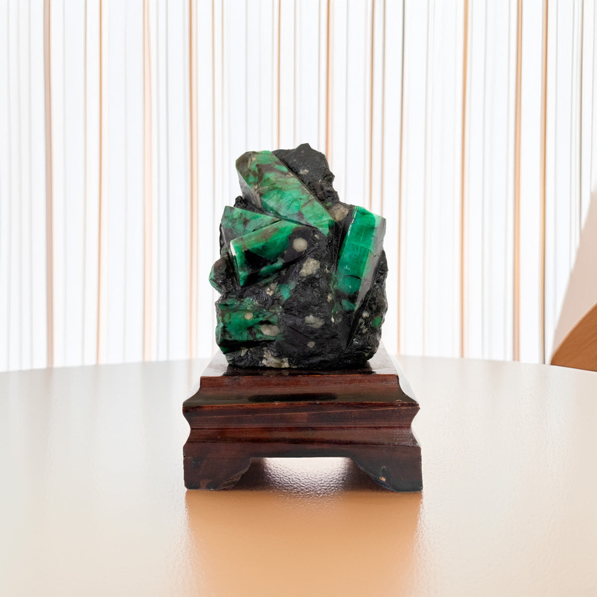 Extra Semi-Polished Emerald Stone in Matrix Wood Base 620 grams