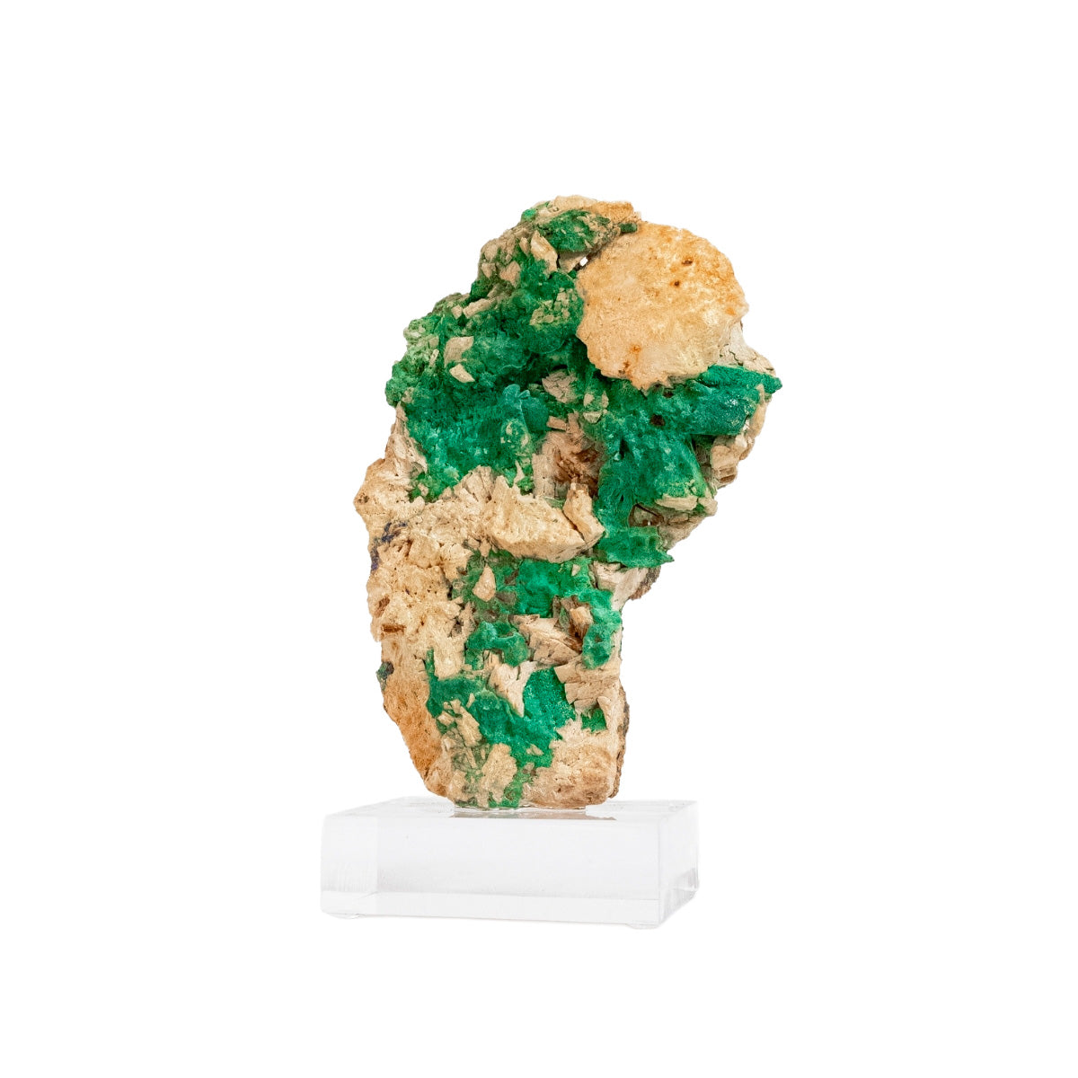 Raw Fibrous Malachite Stone in Matrix with Azurite Inclusions Acrylic Base 510 grams