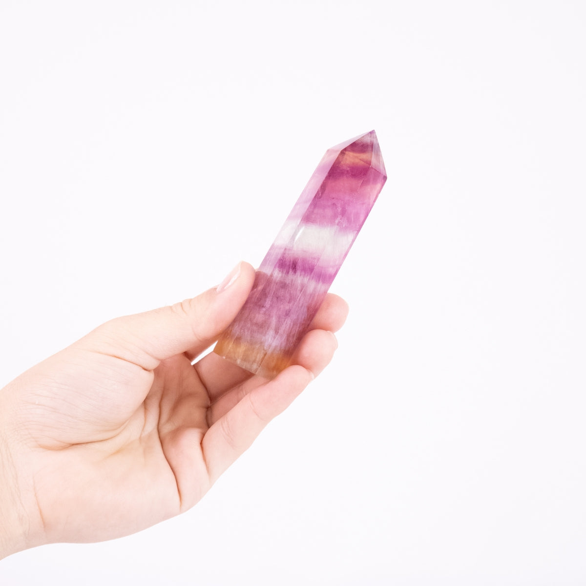 Multicolor (Rainbow) Fluorite Point, crystallized pink and orange tones, polished, 135 grams