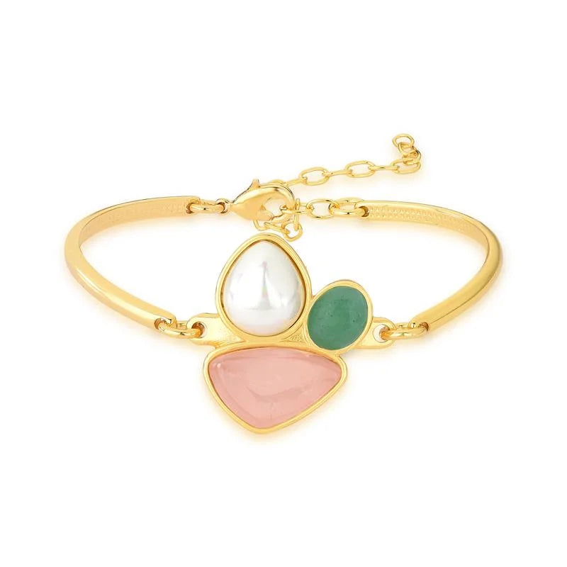Bold Bracelet in Rose Quartz, Sky Blue Agate, and Pearl 24k Gold Plated