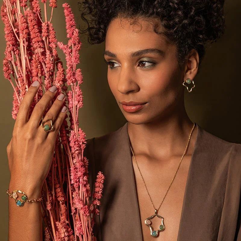 Elemental Bracelet in Rose Quartz, Green Quartz and Sky Blue Agate 24k Gold Plated