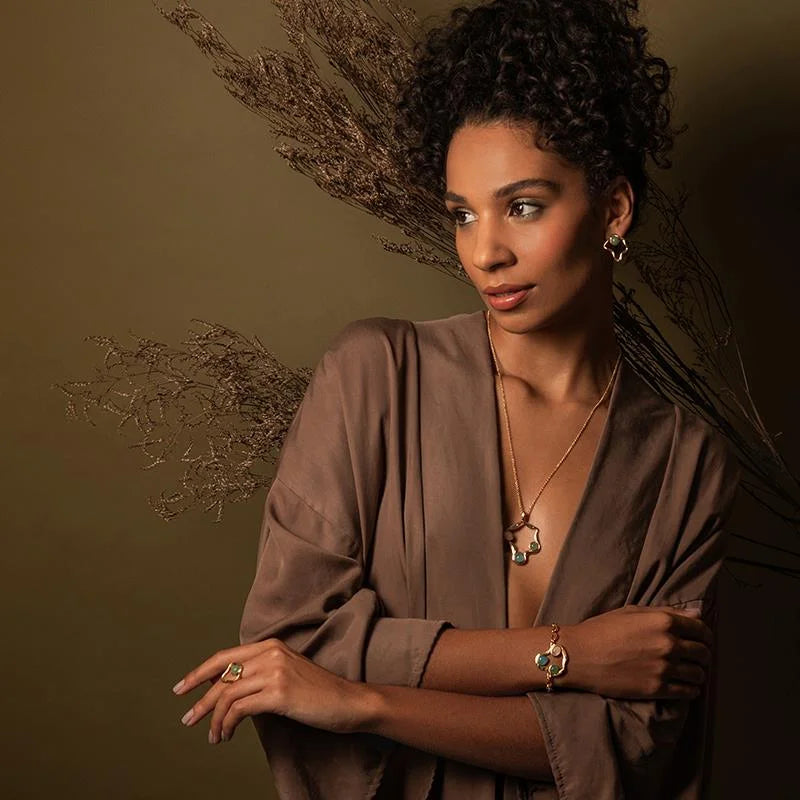 Elemental Bracelet in Rose Quartz, Green Quartz and Sky Blue Agate 24k Gold Plated