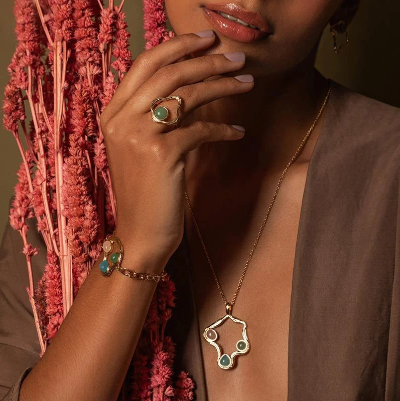 Elemental Bracelet in Rose Quartz, Green Quartz, and Sky Blue Agate 24k Gold Plated