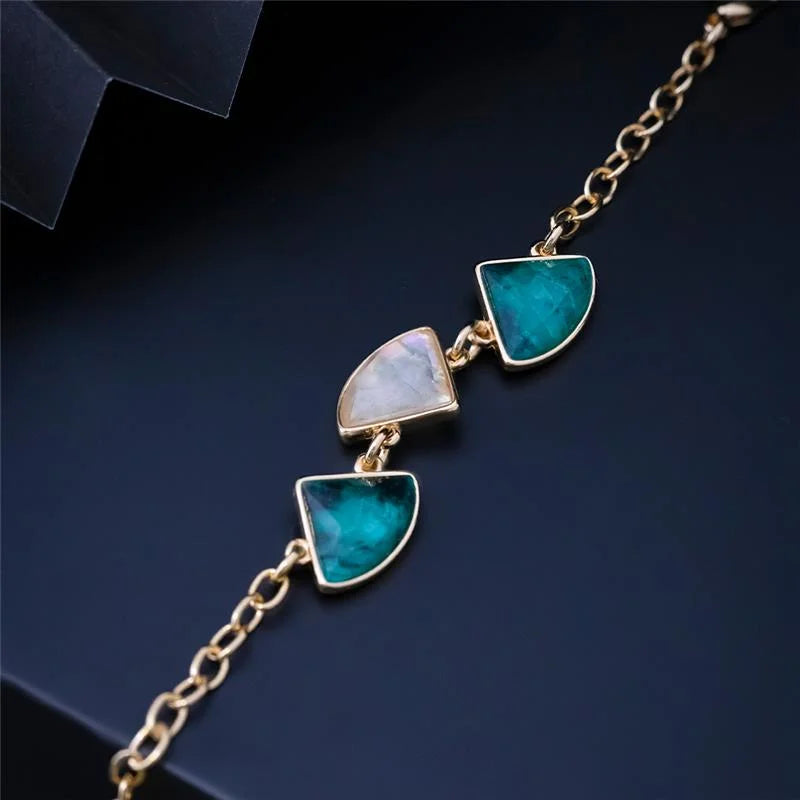 Faceted Emerald Stone and Sea Opal Bracelet 24k Gold Plated
