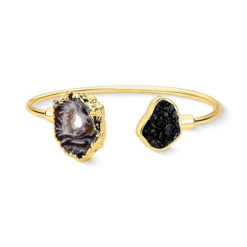 Black Tourmaline Bracelet with Natural Agate Geode Gold Plated
