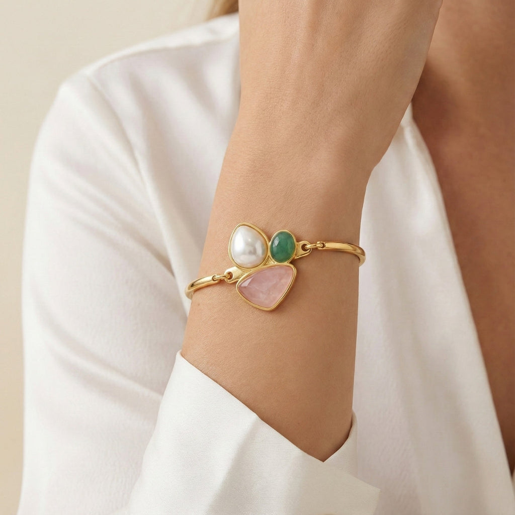 Bold Bracelet in Rose Quartz, Green Quartz, and Pearl 24k Gold Plated