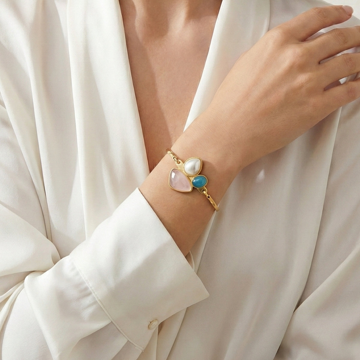 Bold Bracelet in Rose Quartz, Sky Blue Agate, and Pearl 24k Gold Plated