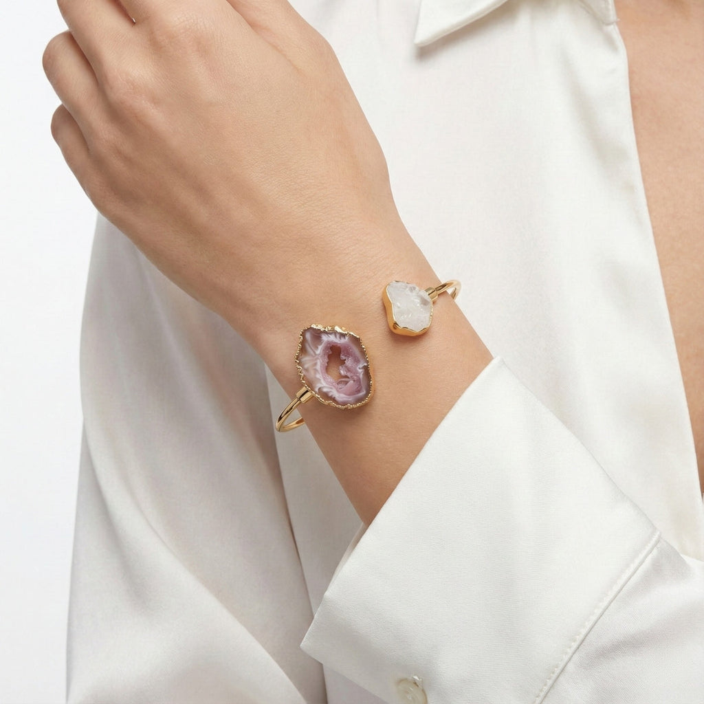 White Selenite Bracelet with Natural Agate Geode Gold Plated