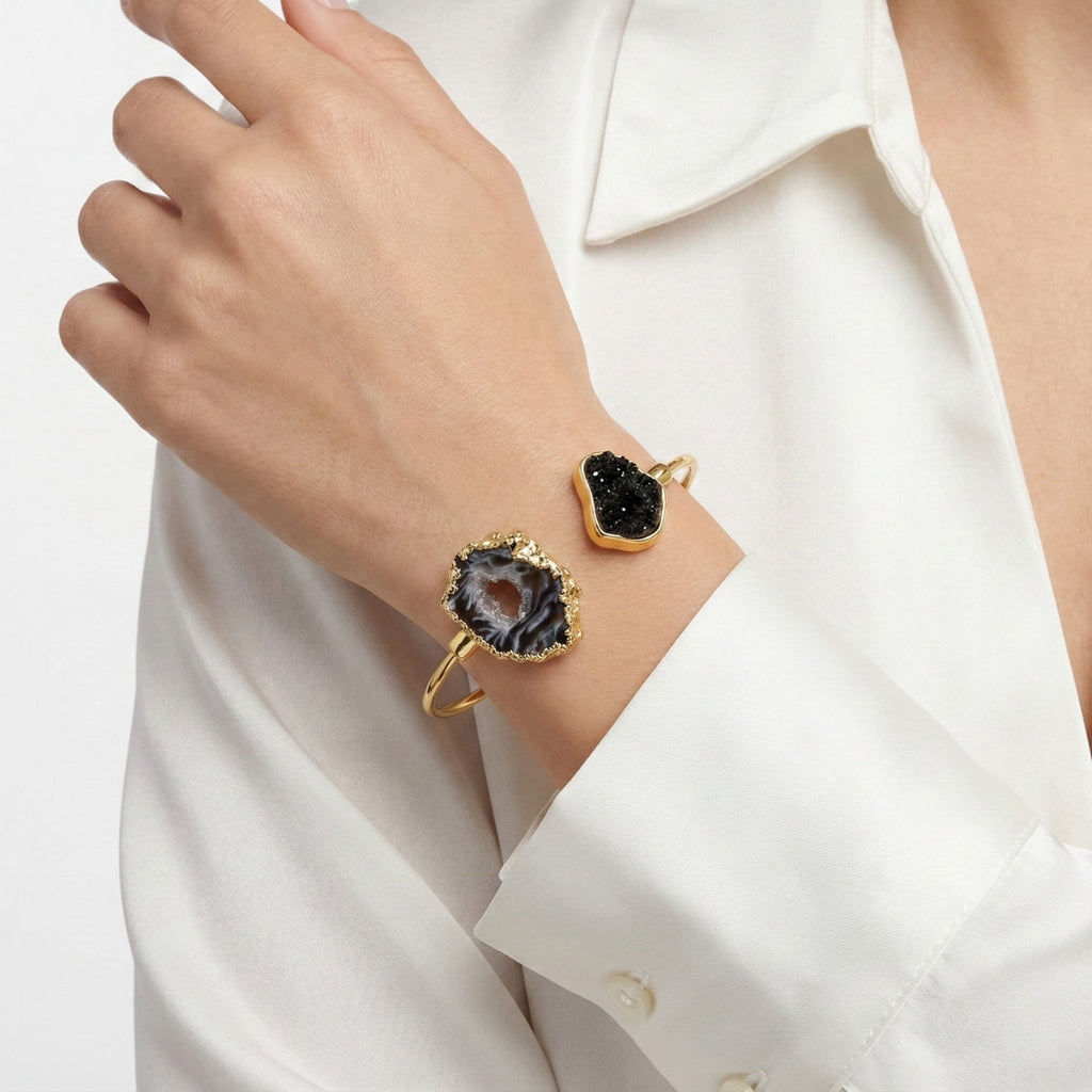 Black Tourmaline Bracelet with Natural Agate Geode Gold Plated