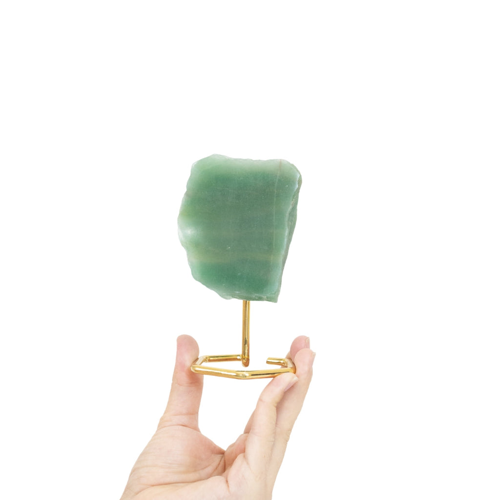 Polished Face Green Quartz on Gold Plated Metal Base 400 to 500 grams