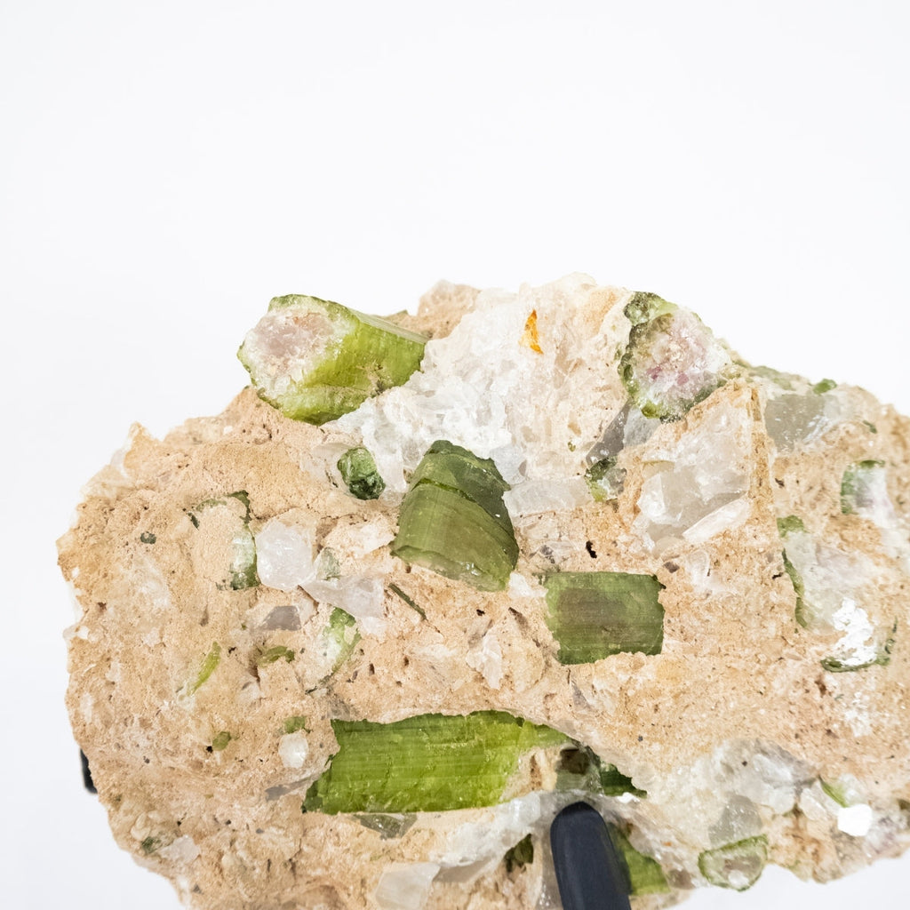 Elbaite Tourmaline (Green) in Matrix with Mica Quartz and Colorless Topaz Inclusions on Metal Base 3.445 kg (Collection)