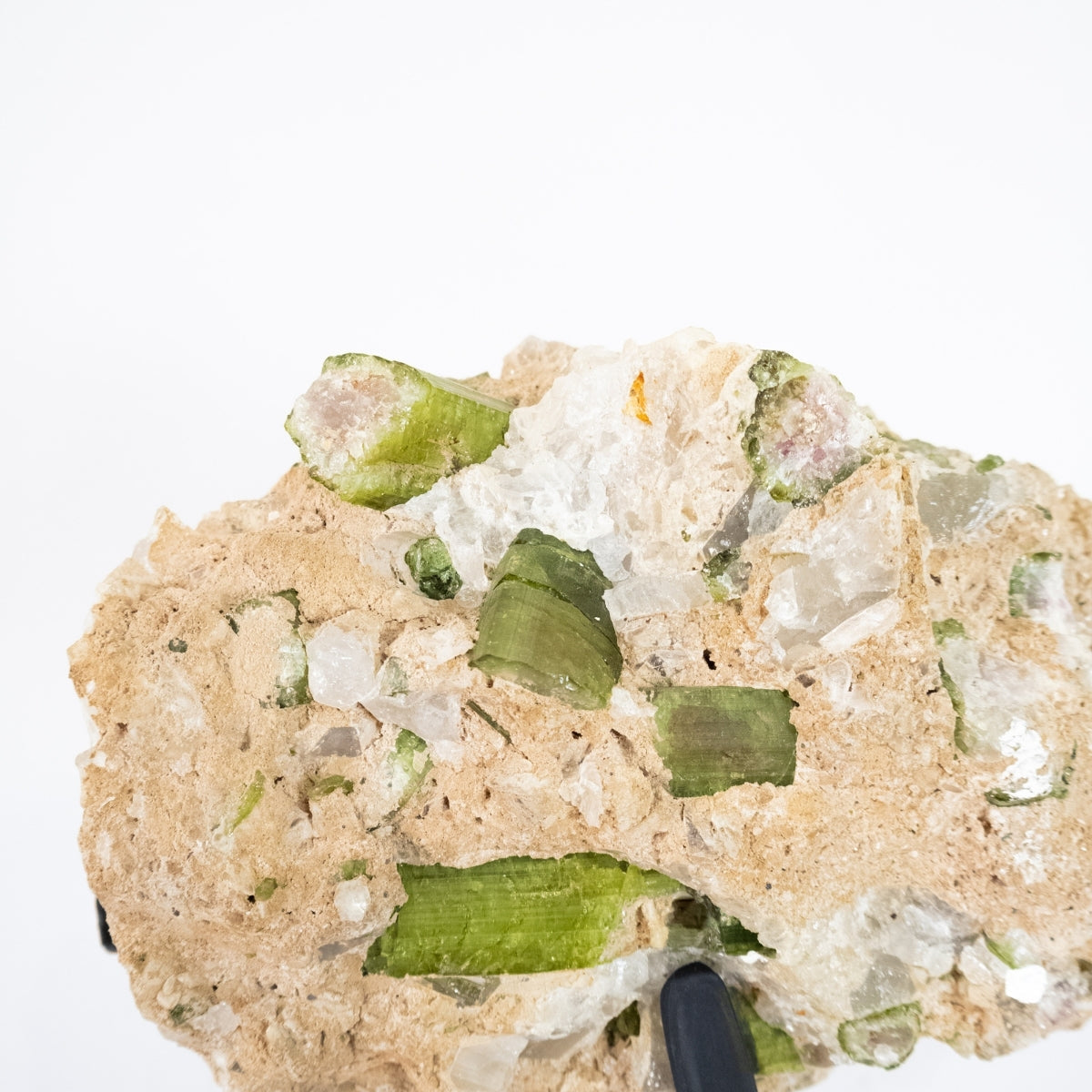 Elbaite Tourmaline (Green) in Matrix with Mica Quartz and Colorless Topaz Inclusions on Metal Base 3.445 kg (Collection)