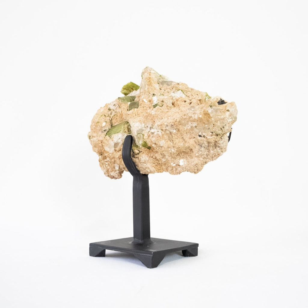 Elbaite Tourmaline (Green) in Matrix with Mica Quartz and Colorless Topaz Inclusions on Metal Base 3.445 kg (Collection)