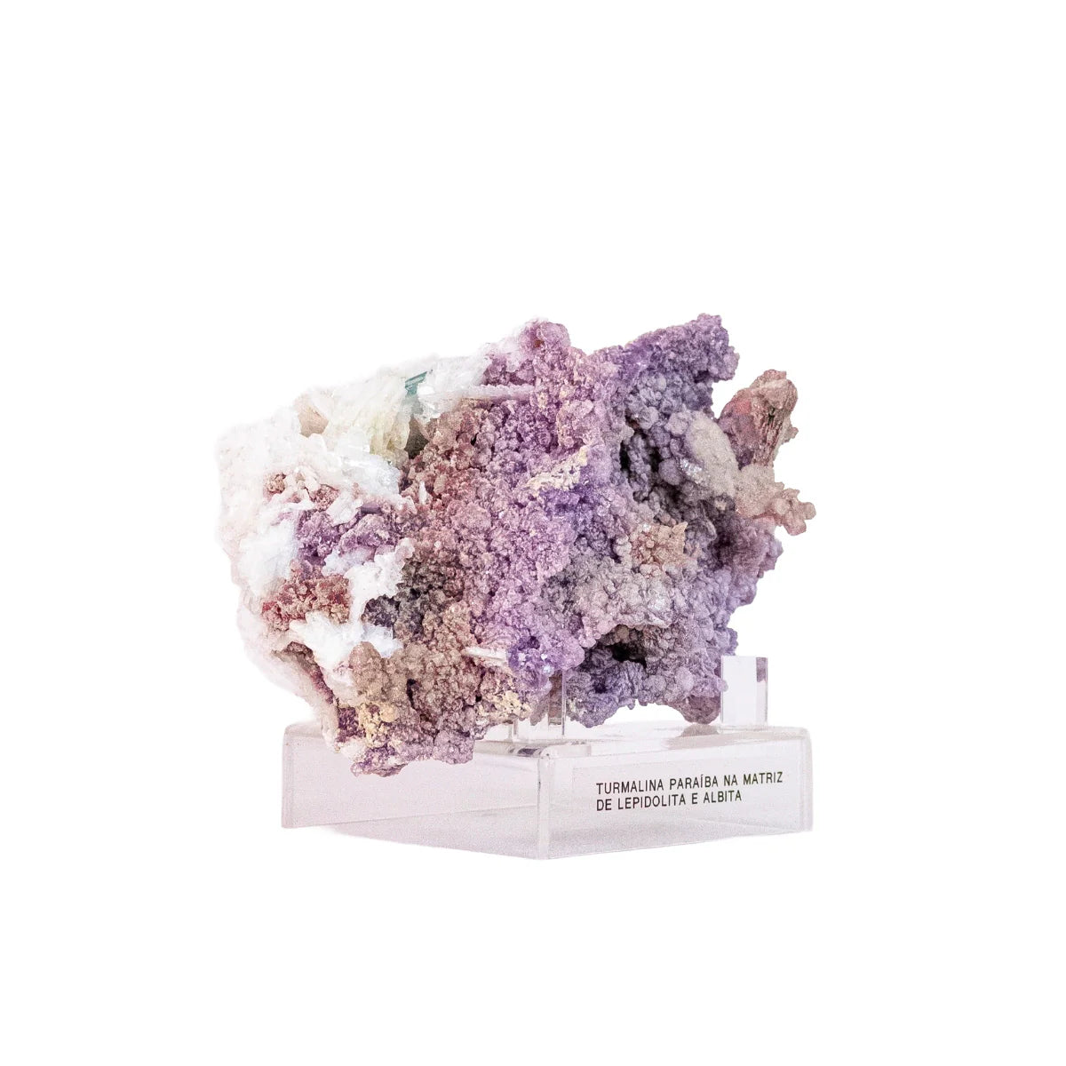 Paraiba Tourmaline in Lepidolite and Albite Matrix on Acrylic Base (Collection) 810 grams