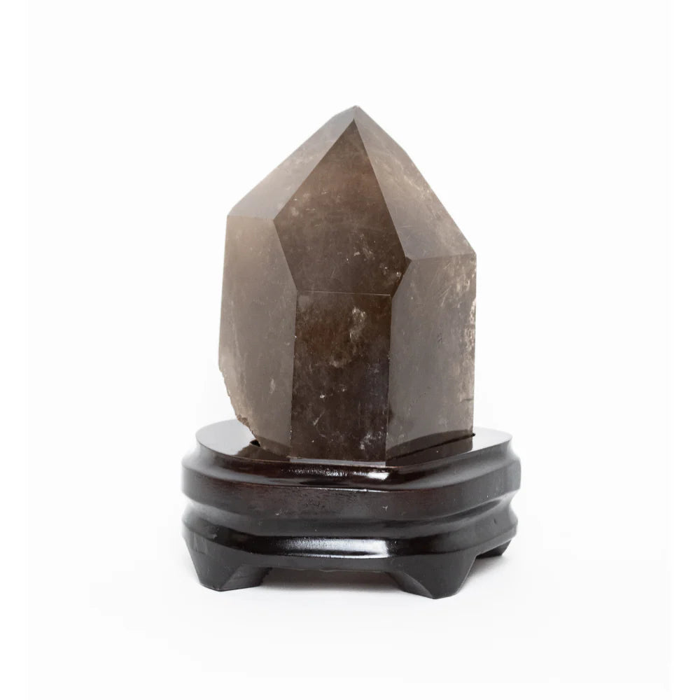 Extra Crystallized Smoky Quartz with Golden Rutile Inclusion on Dark Wood Base 1.566kg