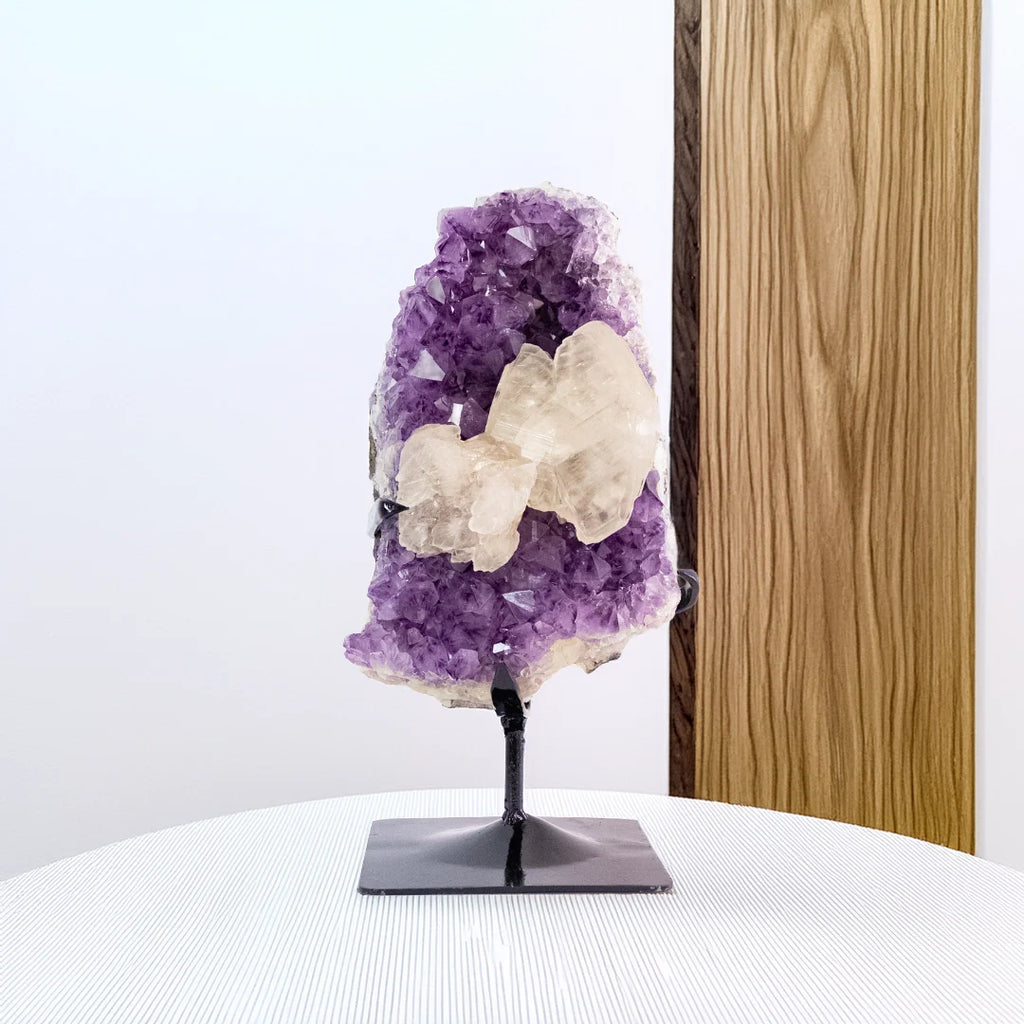 Amethyst Druze with Crystallized Calcite Inclusion on Black Metal Base – 6.480kg