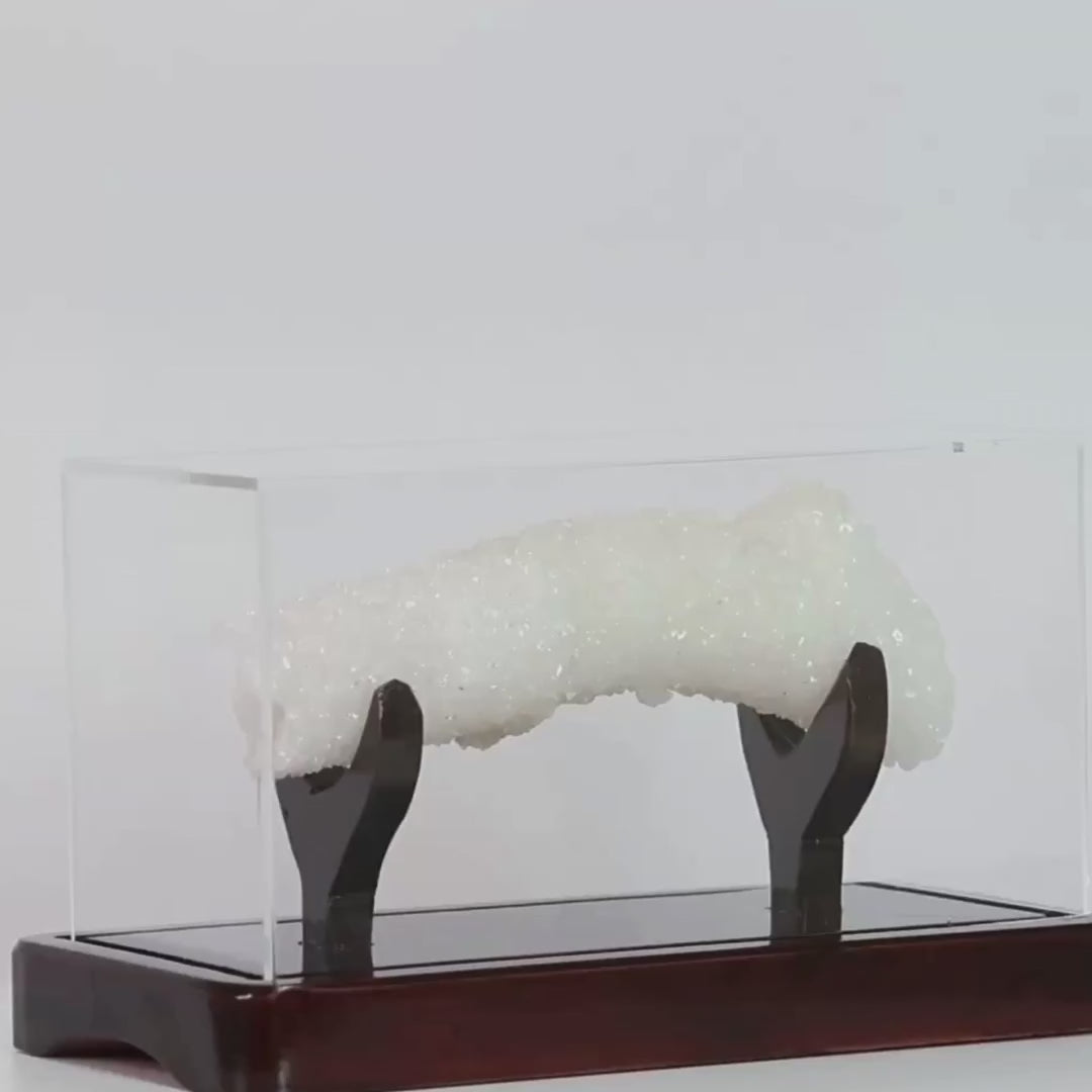 Extra Crystallized Fluorescent Aragonite Stone - Exclusive Formation in Acrylic Dome Wood Base - 748 grams