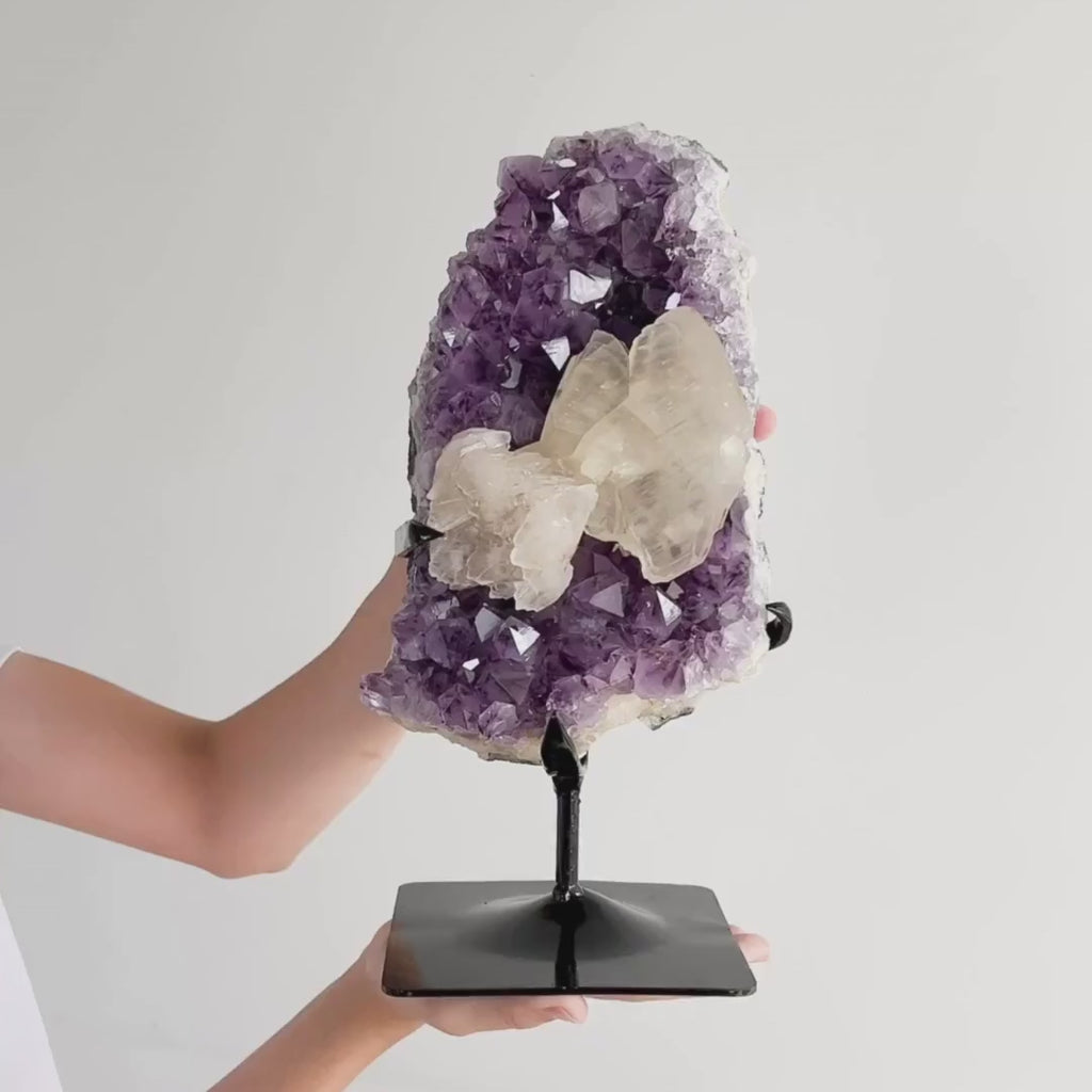 Amethyst Druze with Crystallized Calcite Inclusion on Black Metal Base – 6.480kg
